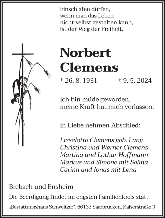 Traueranzeige von Norbert Clemens von saarbruecker_zeitung
