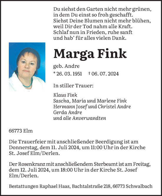 Traueranzeigen Von Marga Fink Saarbruecker Zeitung Trauer De