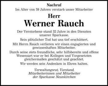 Traueranzeige von Werner Rauch von SAARBRÜCKER ZEITUNG