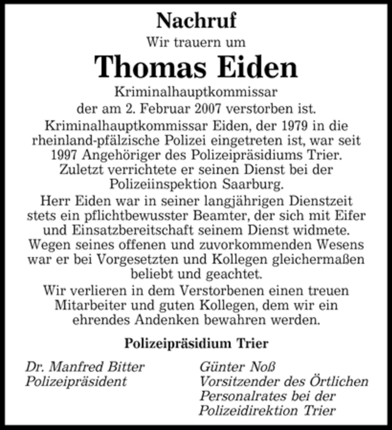 Traueranzeige für Thomas Eiden vom 07.02.2007 aus SAARBRÜCKER ZEITUNG
