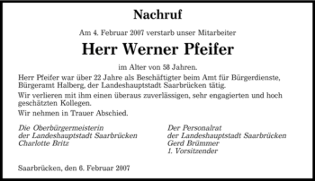 Traueranzeige von Werner Pfeifer von SAARBRÜCKER ZEITUNG