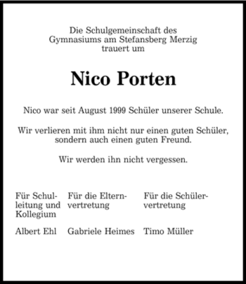 Traueranzeige von Nico Porten von SAARBRÜCKER ZEITUNG