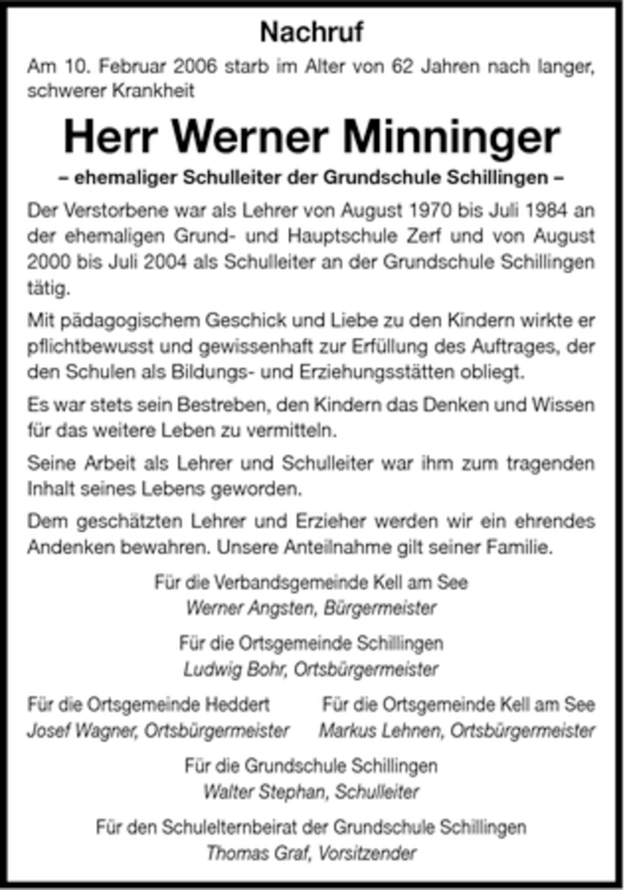  Traueranzeige für Werner Minninger vom 13.02.2007 aus SAARBRÜCKER ZEITUNG