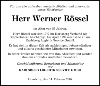 Traueranzeige von Werner Rössel von SAARBRÜCKER ZEITUNG