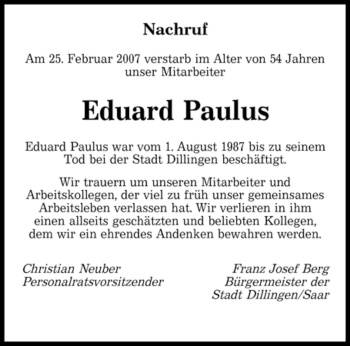 Traueranzeige von Eduard Paulus von SAARBRÜCKER ZEITUNG