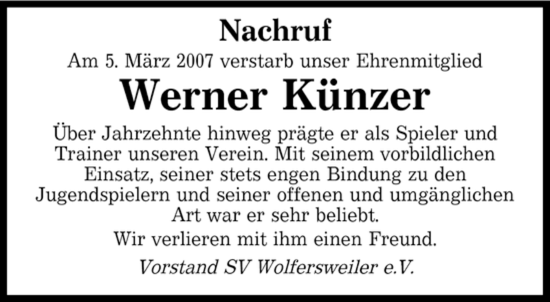  Traueranzeige für Werner Künzer vom 14.03.2007 aus SAARBRÜCKER ZEITUNG