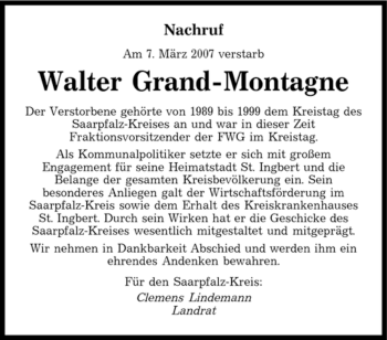 Traueranzeige von Walter Grand-Montagne von SAARBRÜCKER ZEITUNG