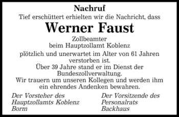 Traueranzeige von Werner Faust von SAARBRÜCKER ZEITUNG