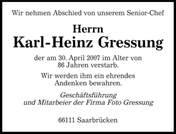 Traueranzeige von Karl-Heinz Gressung von SAARBRÜCKER ZEITUNG