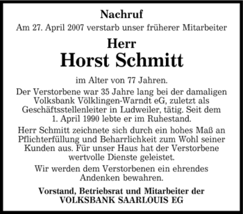 Traueranzeige von Horst Schmitt von SAARBRÜCKER ZEITUNG