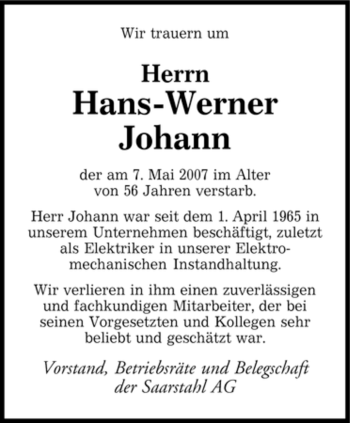 Traueranzeige von Hans-Werner Johann von SAARBRÜCKER ZEITUNG