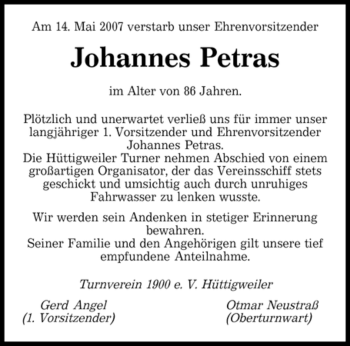 Traueranzeige von Johannes Petras von SAARBRÜCKER ZEITUNG
