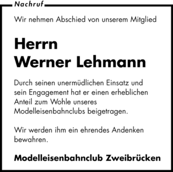 Traueranzeige von Werner Lehmann von SAARBRÜCKER ZEITUNG