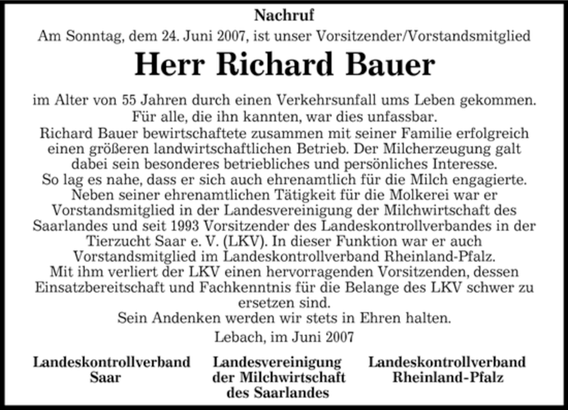  Traueranzeige für Richard Bauer vom 29.06.2007 aus SAARBRÜCKER ZEITUNG