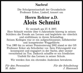 Traueranzeige von Alois Schmitt von SAARBRÜCKER ZEITUNG