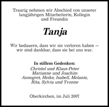 Traueranzeige von Unbekannt Tanja von SAARBRÜCKER ZEITUNG