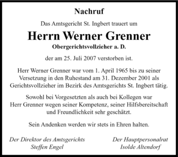 Traueranzeige von Werner Grenner von SAARBRÜCKER ZEITUNG