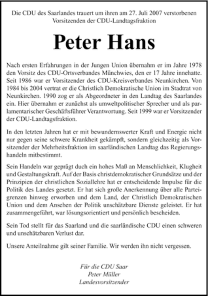  Traueranzeige für Peter Hans vom 31.07.2007 aus SAARBRÜCKER ZEITUNG