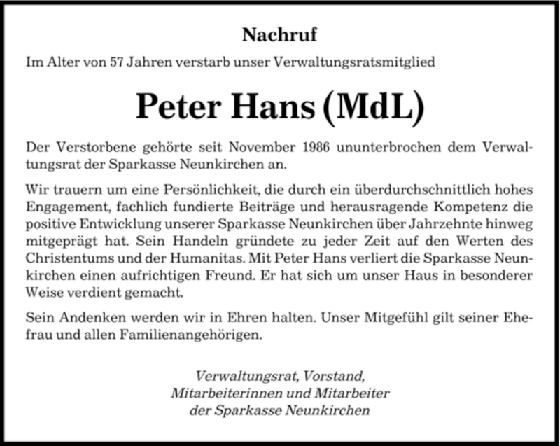  Traueranzeige für Peter Hans vom 31.07.2007 aus SAARBRÜCKER ZEITUNG