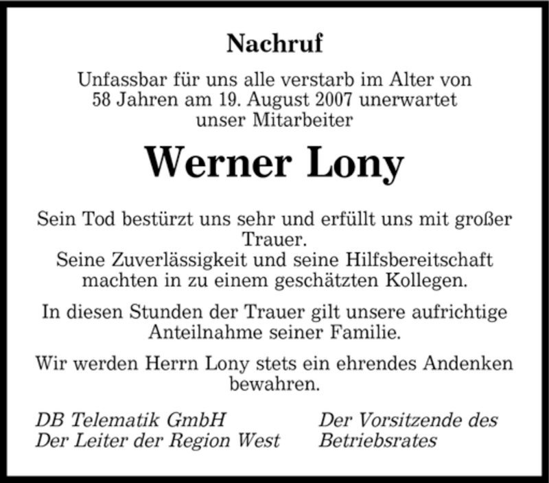  Traueranzeige für Werner Lony vom 25.08.2007 aus SAARBRÜCKER ZEITUNG