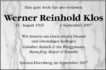 Traueranzeige von Reinhold Klos Werner von SAARLAND OST