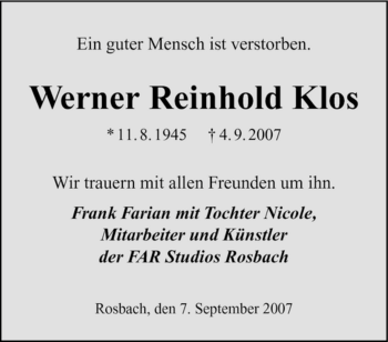 Traueranzeige von Reinhold Klos Werner von SAARBRÜCKER ZEITUNG