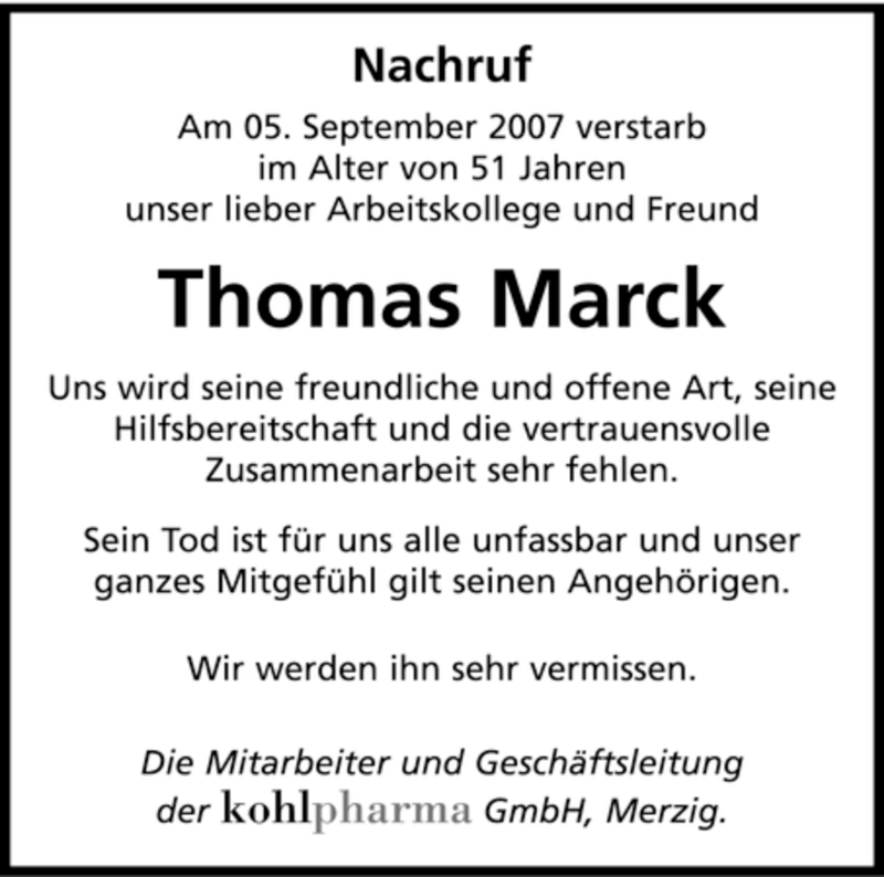  Traueranzeige für Thomas Marck vom 15.09.2007 aus SAARBRÜCKER ZEITUNG