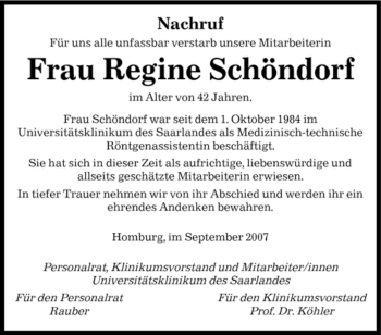 Traueranzeige von Regine Schöndorf von SAARBRÜCKER ZEITUNG