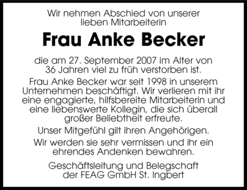  Traueranzeige für Anke Becker vom 02.10.2007 aus SAARBRÜCKER ZEITUNG