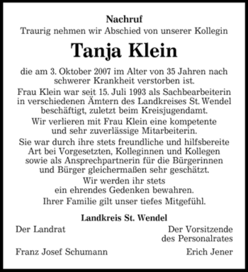 Traueranzeige von Tanja Klein von SAARBRÜCKER ZEITUNG