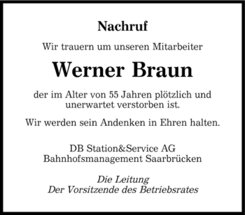 Traueranzeige von Werner Braun von SAARBRÜCKER ZEITUNG