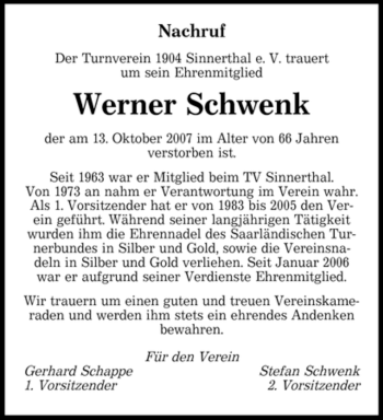Traueranzeige von Werner Schwenk von SAARBRÜCKER ZEITUNG