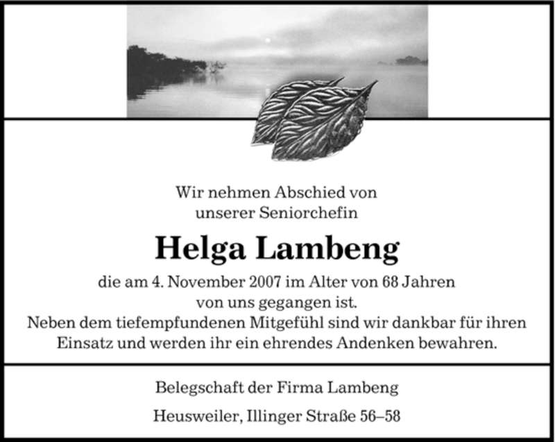  Traueranzeige für Helga Lambeng vom 06.11.2007 aus SAARBRÜCKER ZEITUNG
