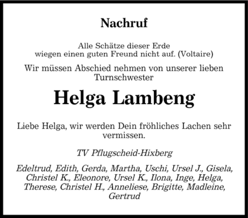  Traueranzeige für Helga Lambeng vom 07.11.2007 aus SAARBRÜCKER ZEITUNG