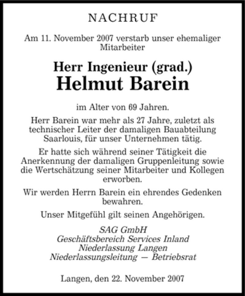  Traueranzeige für Helmut Barein vom 22.11.2007 aus SAARBRÜCKER ZEITUNG