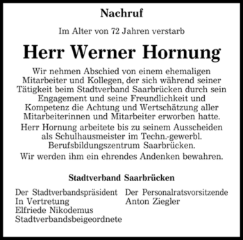 Traueranzeige von Werner Hornung von SAARBRÜCKER ZEITUNG