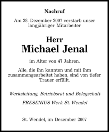 Traueranzeige von Michael Jenal von SAARBRÜCKER ZEITUNG