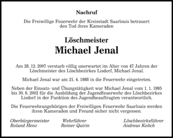 Traueranzeige von Michael Jenal von SAARBRÜCKER ZEITUNG