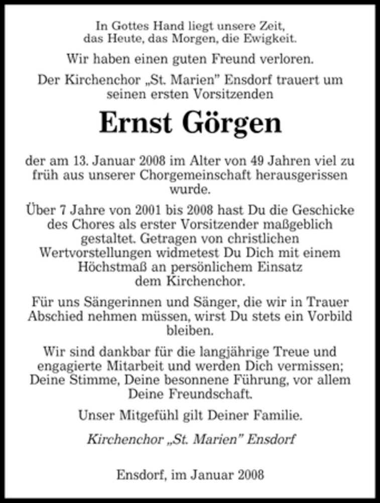  Traueranzeige für Ernst Görgen vom 16.01.2008 aus SAARBRÜCKER ZEITUNG