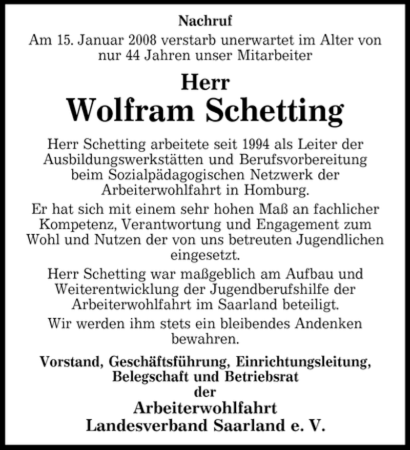  Traueranzeige für Wolfram Schetting vom 17.01.2008 aus SAARBRÜCKER ZEITUNG