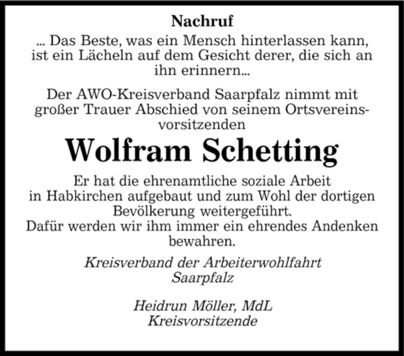  Traueranzeige für Wolfram Schetting vom 18.01.2008 aus SAARBRÜCKER ZEITUNG