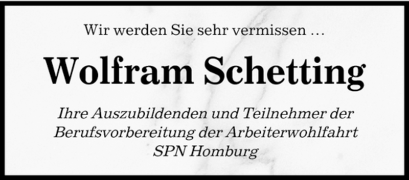  Traueranzeige für Wolfram Schetting vom 19.01.2008 aus SAARBRÜCKER ZEITUNG