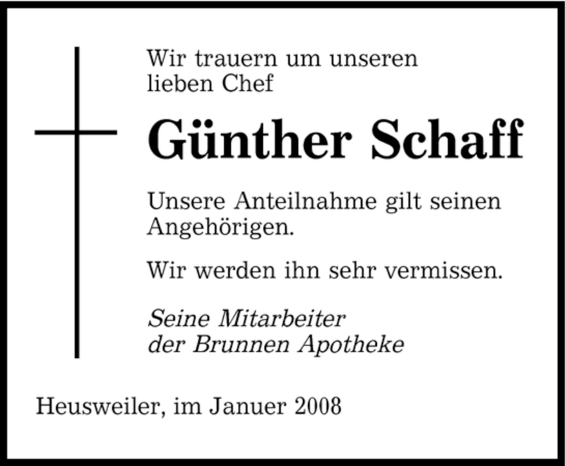  Traueranzeige für Günther Schaff vom 23.01.2008 aus SAARBRÜCKER ZEITUNG