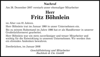 Traueranzeige von Fritz Böhnlein von SAARBRÜCKER ZEITUNG