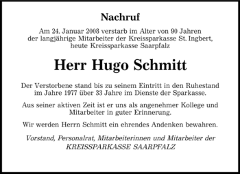 Traueranzeige von Hugo Schmitt von SAARBRÜCKER ZEITUNG