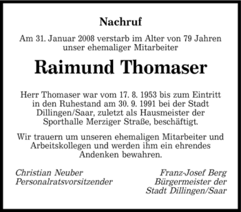 Traueranzeige von Raimund Thomaser von SAARBRÜCKER ZEITUNG