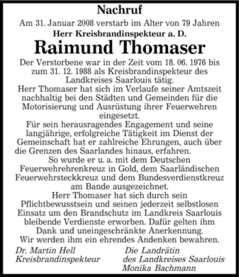 Traueranzeige von Raimund Thomaser von SAARBRÜCKER ZEITUNG