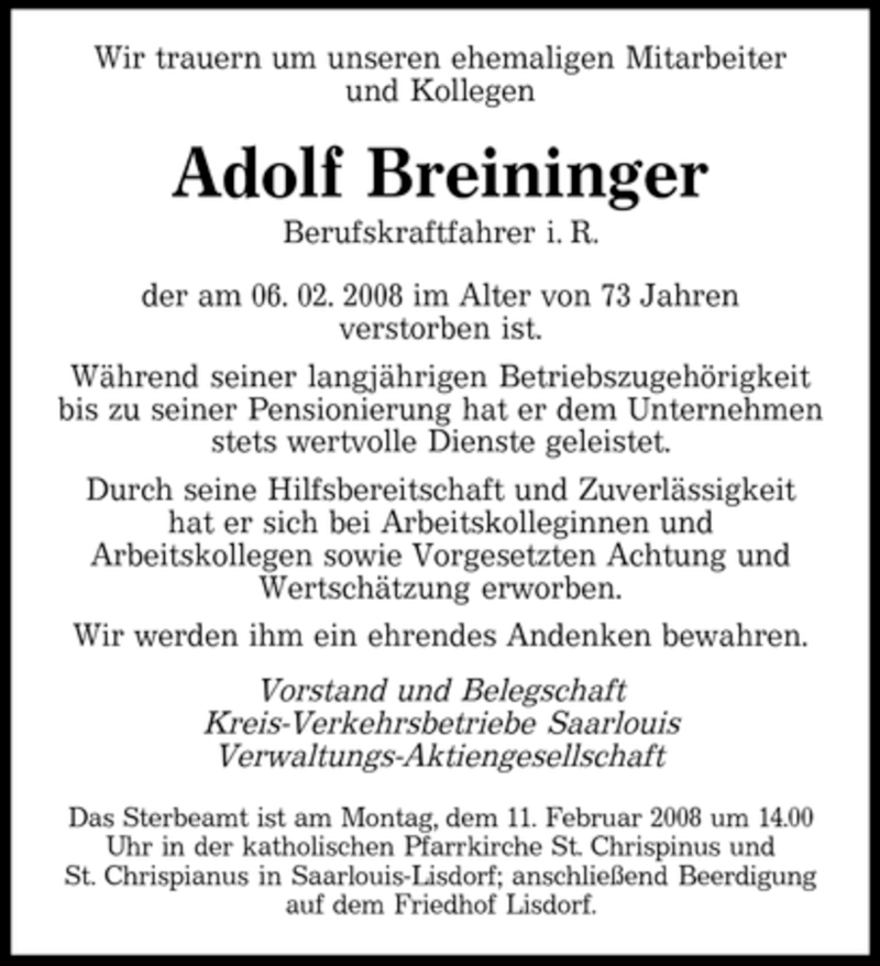  Traueranzeige für Adolf Breininger vom 09.02.2008 aus SAARBRÜCKER ZEITUNG