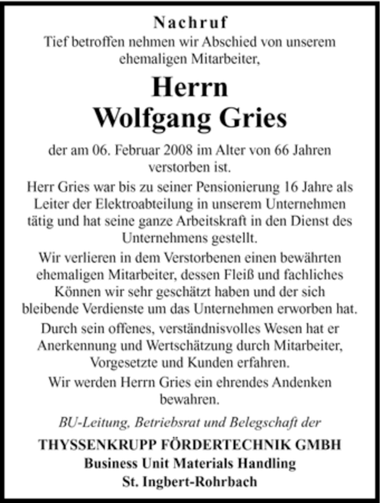  Traueranzeige für Wolfgang Gries vom 09.02.2008 aus SAARBRÜCKER ZEITUNG