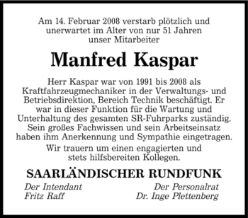 Traueranzeige von Manfred Kaspar von SAARBRÜCKER ZEITUNG